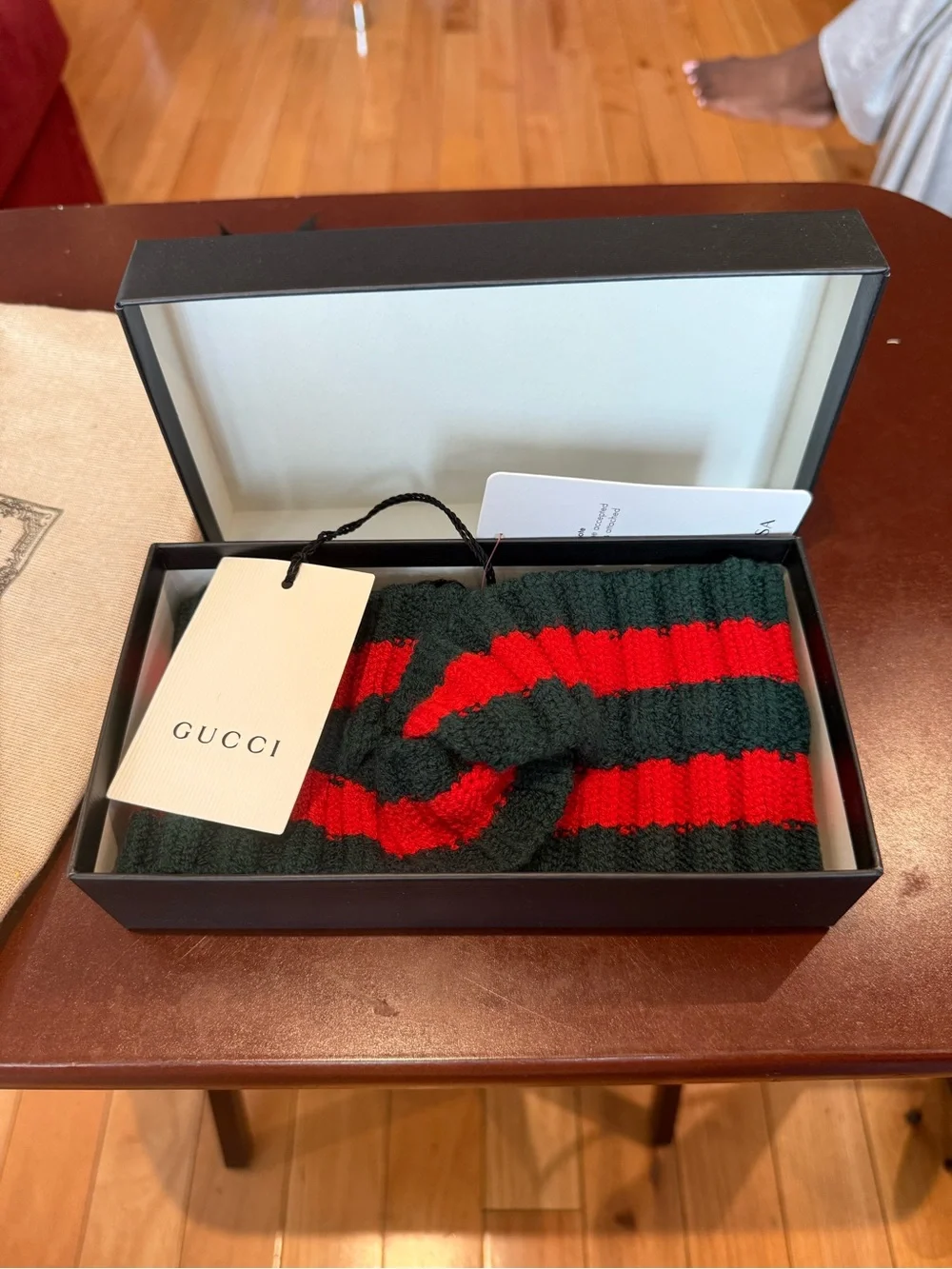 Gucci Ribbed Knit Headband in Forest Green and Ruby Red Stripe